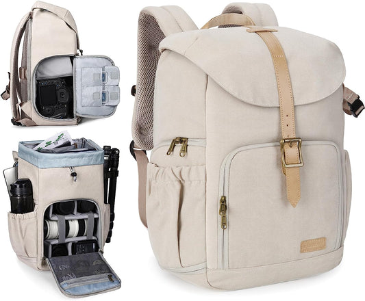Camera Backpack, DSLR Camera Bag Backpacks for Photographers, Waterproof Anti-Theft Photography Backpack with 15 Inch Laptop Compartment & Tripod Holder, Ivory White