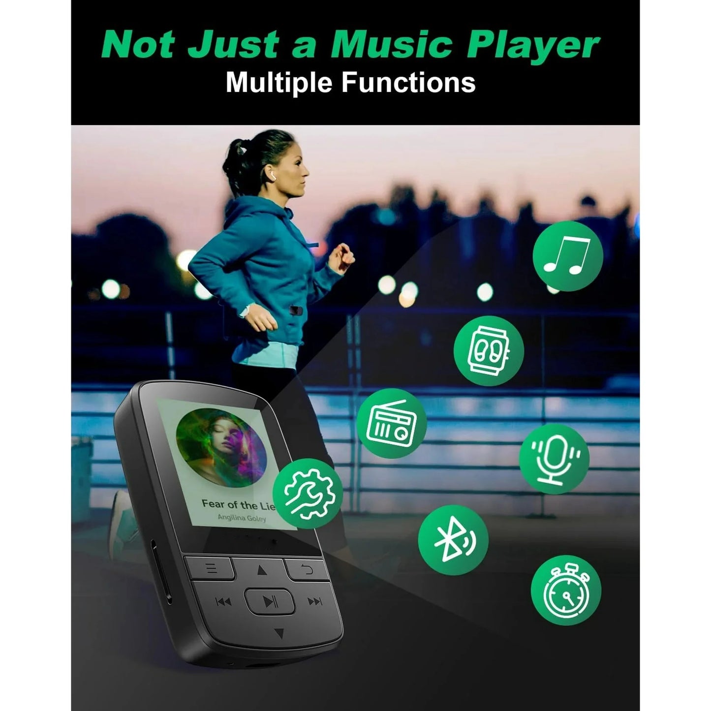 MP3 Player 64GB Bluetooth 5.3, Hifi Sound Music Player with Speaker, FM Radio, Recorder, E-Book, Pedometer, Clip-On Portable MP3 for Sports & Running with Earphones