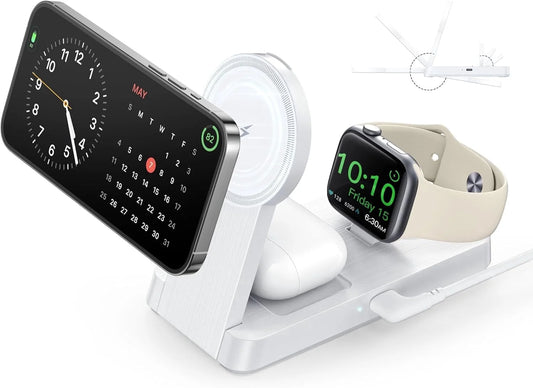 3 in 1 Charging Station - 2026 Foldable Wireless Charger Compatible for Iphone 17/16/15/14/13/12 plus Pro Max, Iwatch & Airpods, White