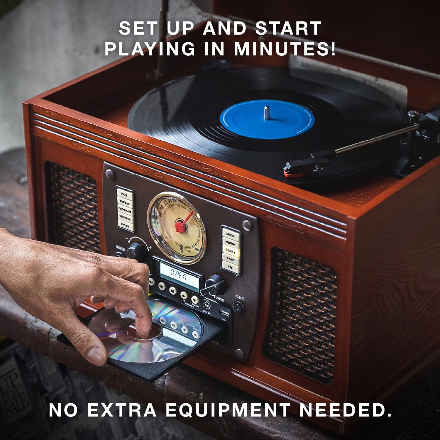 8-In-1 Navigator Bluetooth Record Player & Multimedia Center, Built-In Stereo Speakers - Turntable, Wireless Music Streaming