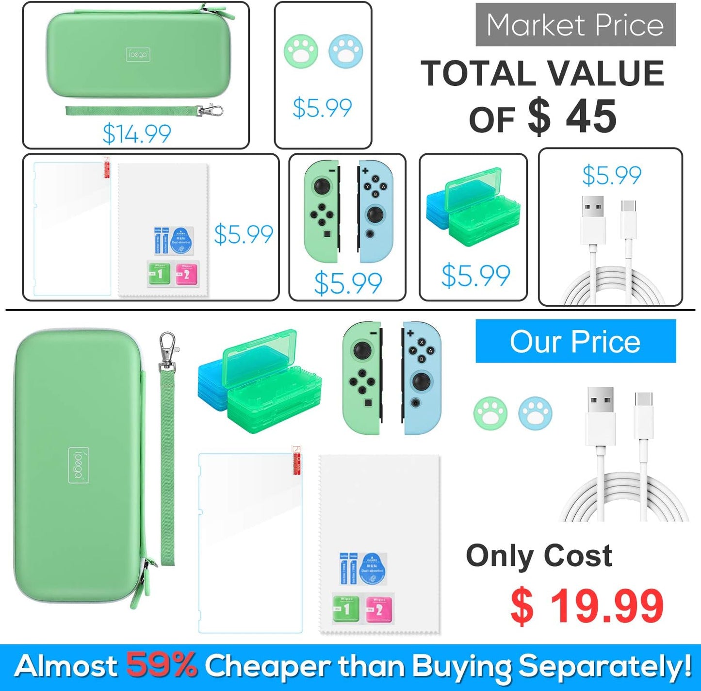 Switch Accessories Bundle -  12 in 1 Accessories Kit with Carrying Case, Screen Protector, Game Storage Case, Silicone Protective Case and Thumb Grip Cap Compatible with Joy-Con (Green)