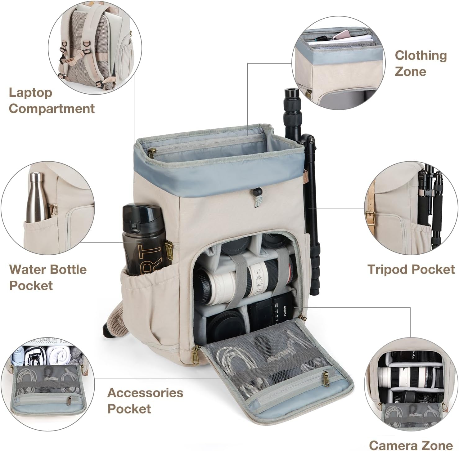 Camera Backpack, DSLR Camera Bag Backpacks for Photographers, Waterproof Anti-Theft Photography Backpack with 15 Inch Laptop Compartment & Tripod Holder, Ivory White