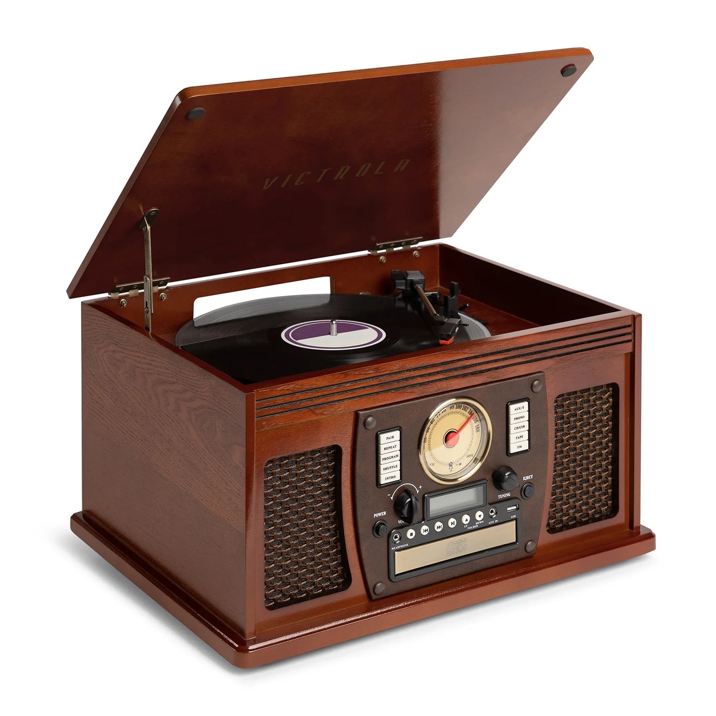 8-In-1 Navigator Bluetooth Record Player & Multimedia Center, Built-In Stereo Speakers - Turntable, Wireless Music Streaming