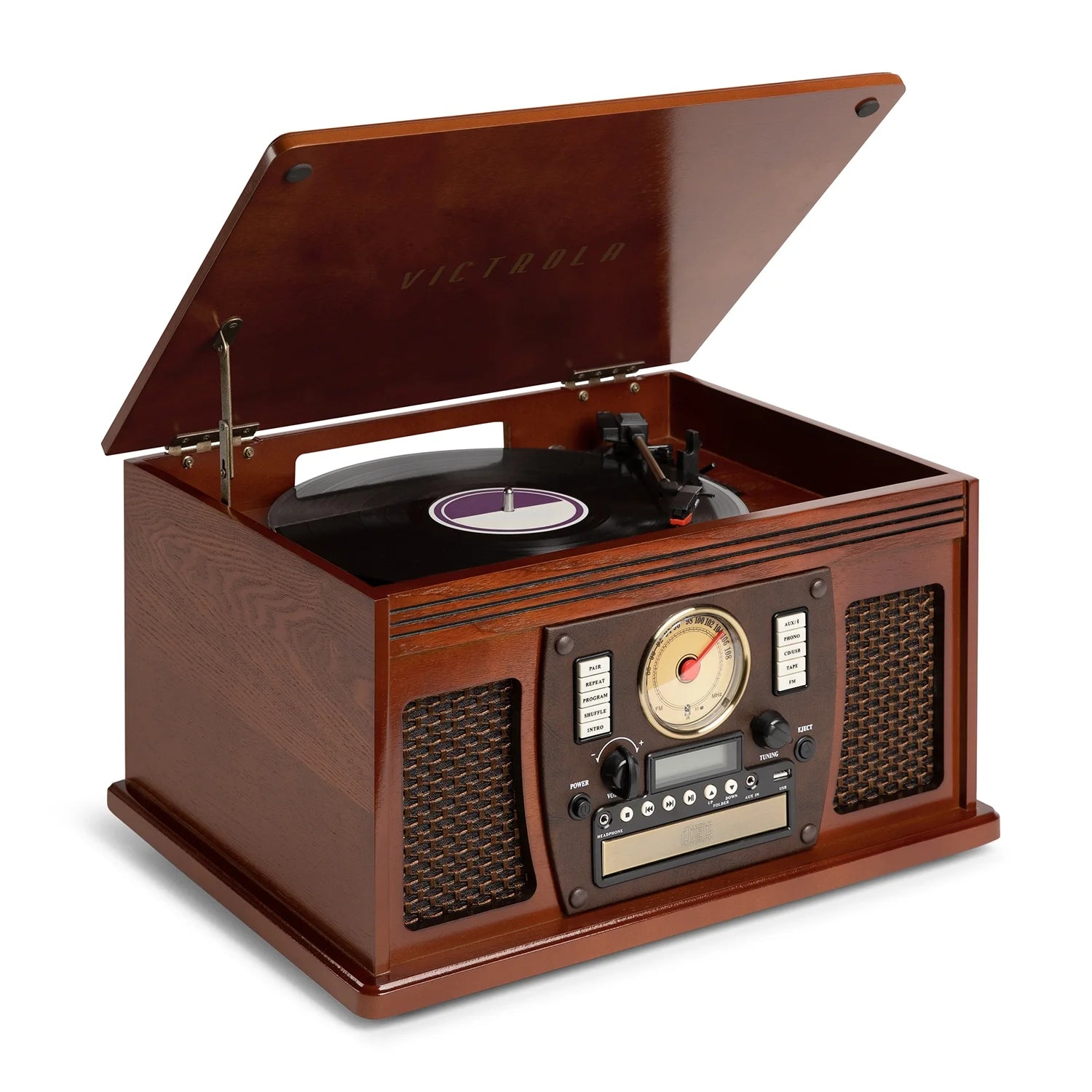 8-In-1 Navigator Bluetooth Record Player & Multimedia Center, Built-In Stereo Speakers - Turntable, Wireless Music Streaming