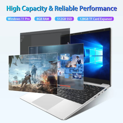 14.1In Windows 11 Pro Laptop, 8GB DDR4, 512GB SSD Computer, Intel Celeron, 1920X1080, 1TB Expansion, Silver