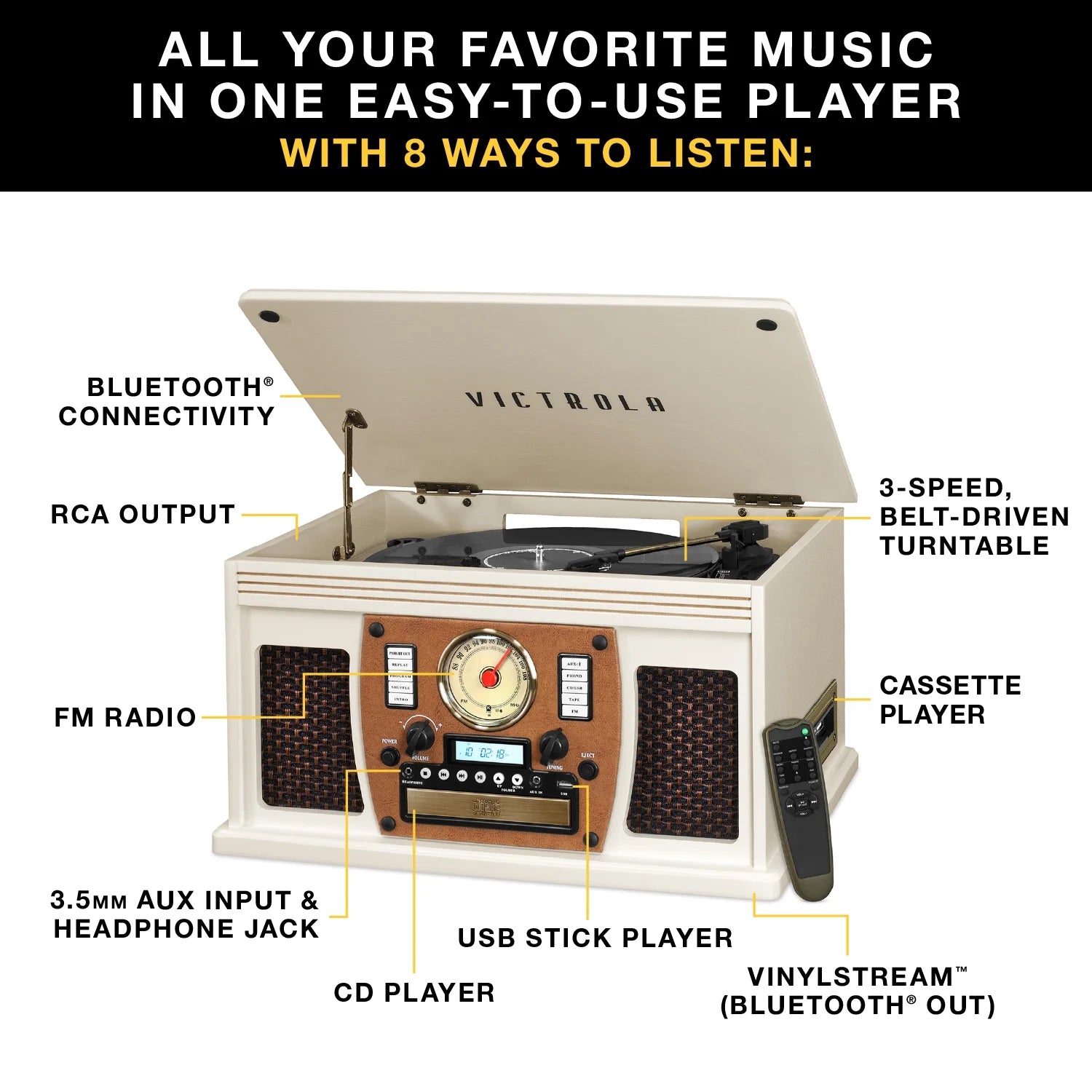 8-In-1 Navigator Bluetooth Record Player & Multimedia Center, Built-In Stereo Speakers - Turntable, Wireless Music Streaming