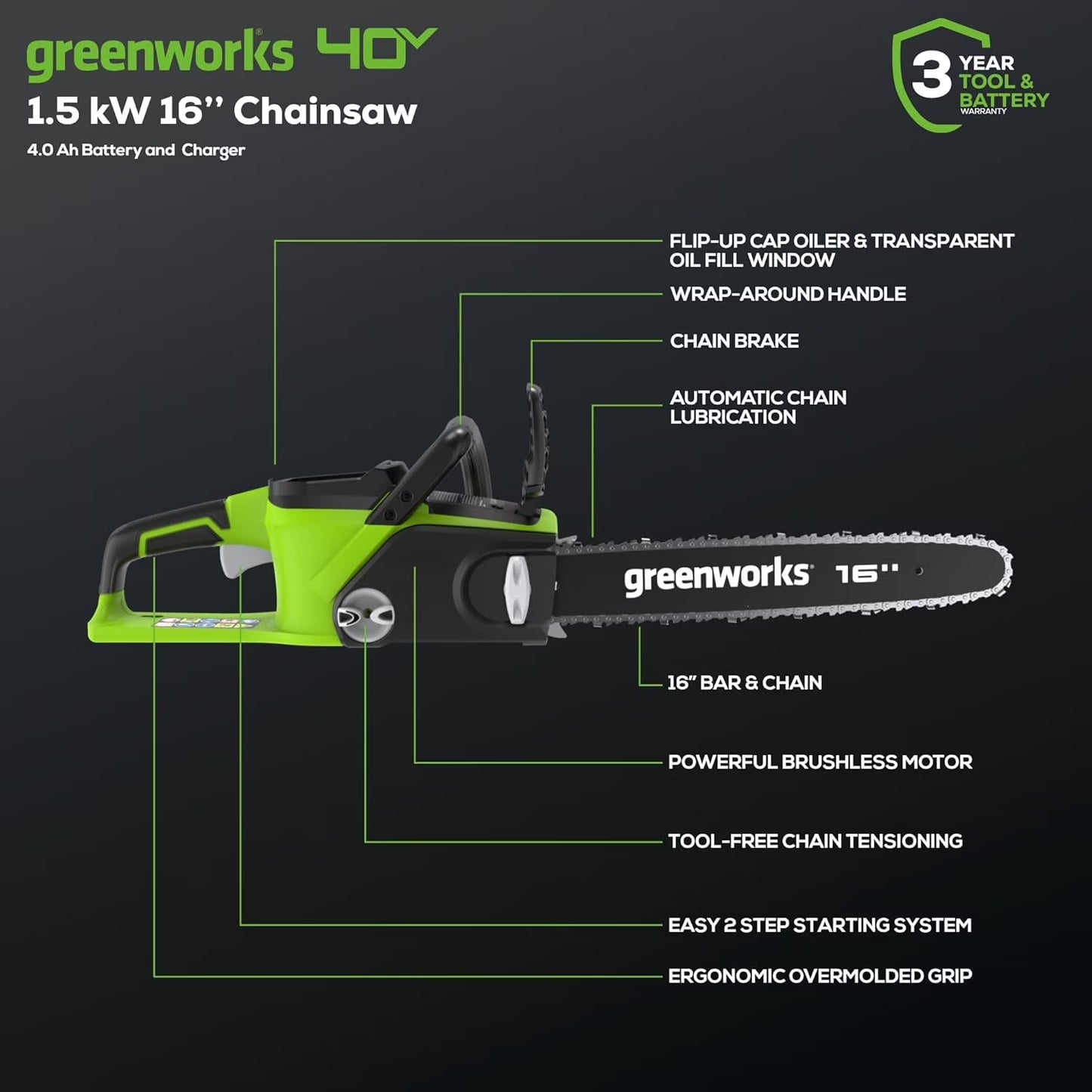 G-MAX 16 in 4 Amps 40 V Battery Chainsaw, Anti-Vibration, Automatic Chain Oiler, Bumper Spikes, Chain Brake, Chain Catcher, Tool-Less Chain Tensioning