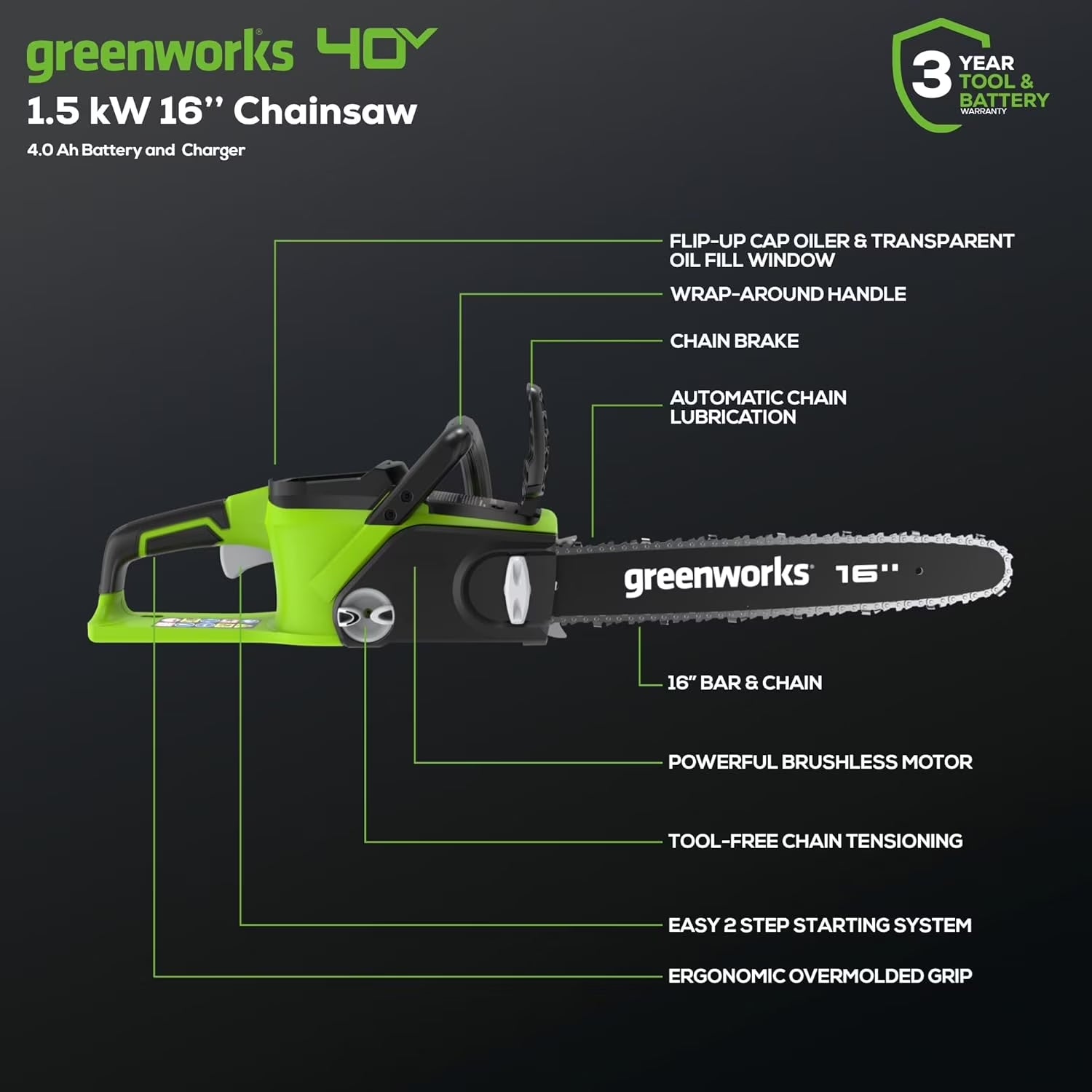 G-MAX 16 in 4 Amps 40 V Battery Chainsaw, Anti-Vibration, Automatic Chain Oiler, Bumper Spikes, Chain Brake, Chain Catcher, Tool-Less Chain Tensioning