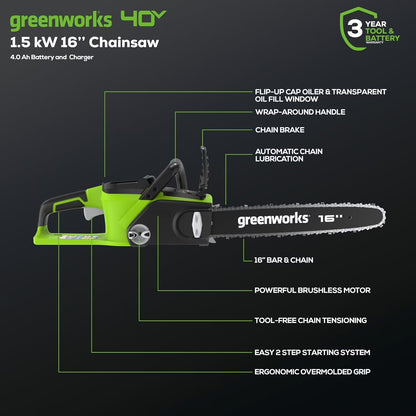G-MAX 16 in 4 Amps 40 V Battery Chainsaw, Anti-Vibration, Automatic Chain Oiler, Bumper Spikes, Chain Brake, Chain Catcher, Tool-Less Chain Tensioning