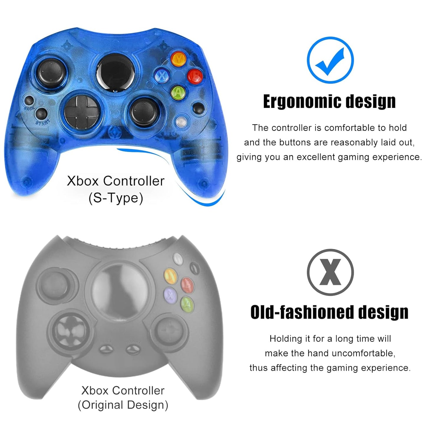 Controller Replacement for Original Xbox Console (Black and Sapphire Blue)