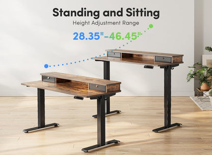 40 X 24 Inch Height Adjustable Electric Standing Desk with Double Drawer, Computer Desk, Home Office Stand up Table with 4 Height-Adjustable Feets & 2 Hooks, Rustic Brown