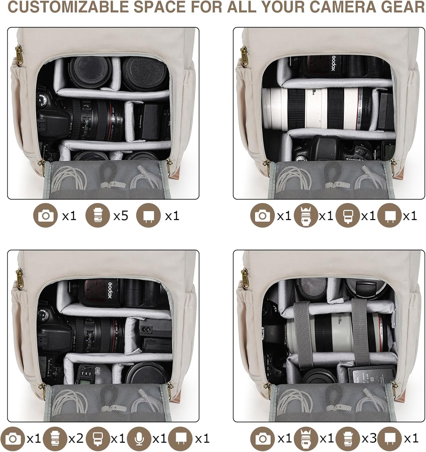 Camera Backpack, DSLR Camera Bag Backpacks for Photographers, Waterproof Anti-Theft Photography Backpack with 15 Inch Laptop Compartment & Tripod Holder, Ivory White