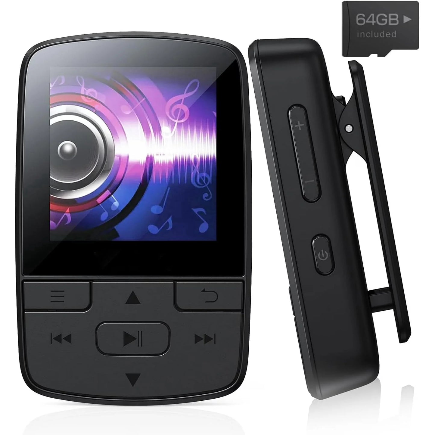 MP3 Player 64GB Bluetooth 5.3, Hifi Sound Music Player with Speaker, FM Radio, Recorder, E-Book, Pedometer, Clip-On Portable MP3 for Sports & Running with Earphones