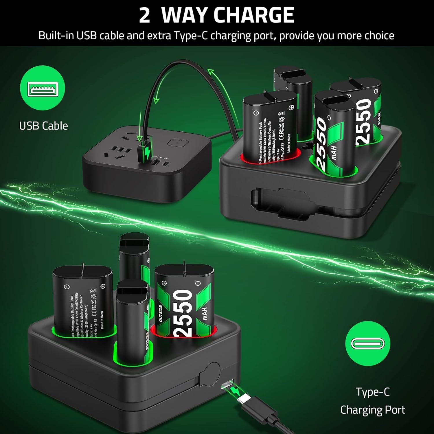 Charger for X-1 Controller Battery Pack, 4X 2550Mah Rechargeable Battery Packs Charging Station, Battery Charger Accessories Kit for X-1/Series X|S/One S|X/One Elite Controllers, Xbox 360 Batteries