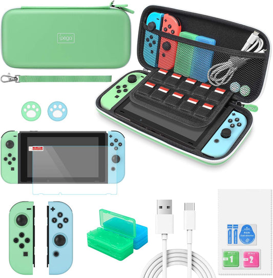 Switch Accessories Bundle -  12 in 1 Accessories Kit with Carrying Case, Screen Protector, Game Storage Case, Silicone Protective Case and Thumb Grip Cap Compatible with Joy-Con (Green)