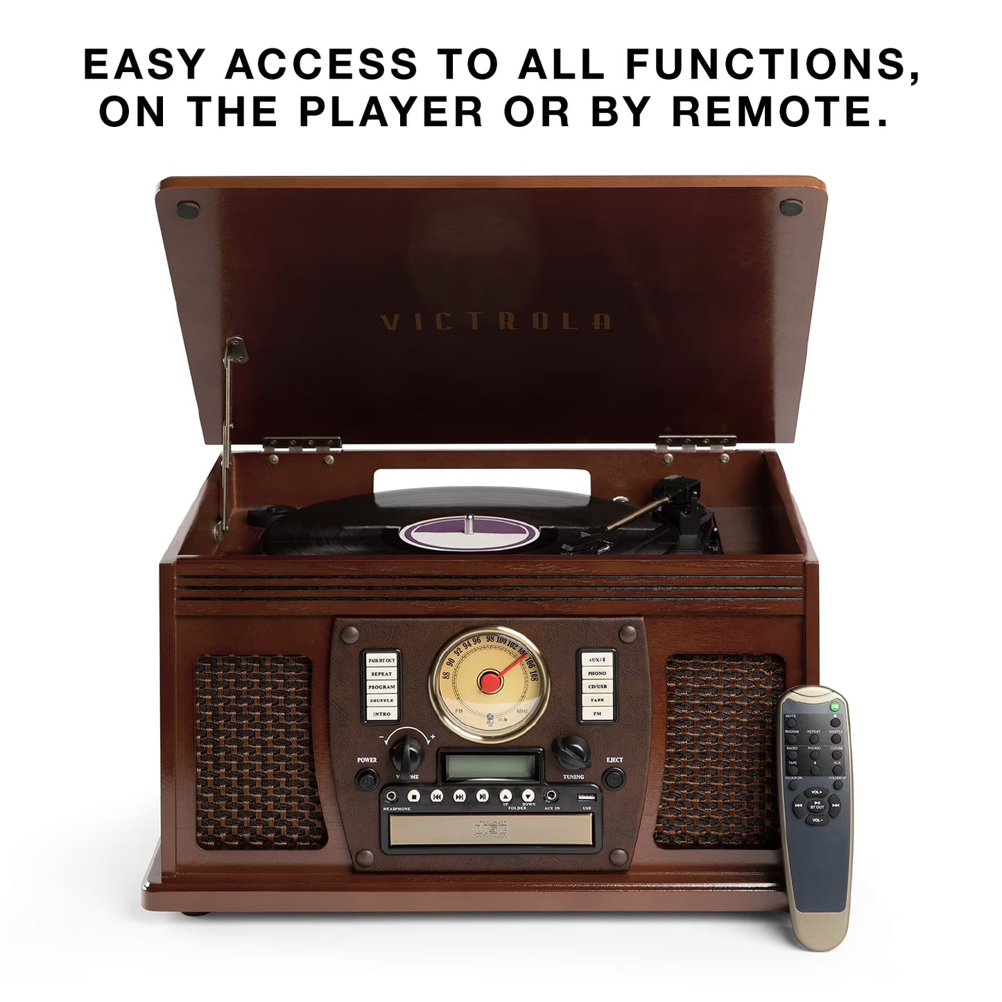 8-In-1 Navigator Bluetooth Record Player & Multimedia Center, Built-In Stereo Speakers - Turntable, Wireless Music Streaming