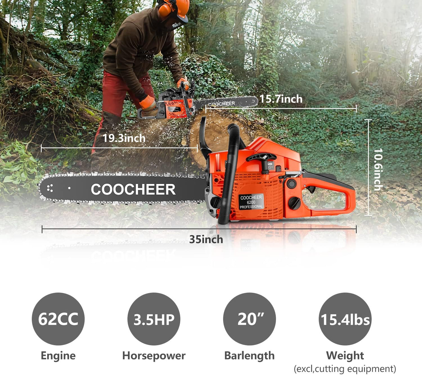 62CC 2-Cycle 3.5HP Gas Powered Chainsaw,20" Bar,Carrying Bag&Tool Kit Included,Handheld Cordless Chainsaw for Cutting Wood&Trees