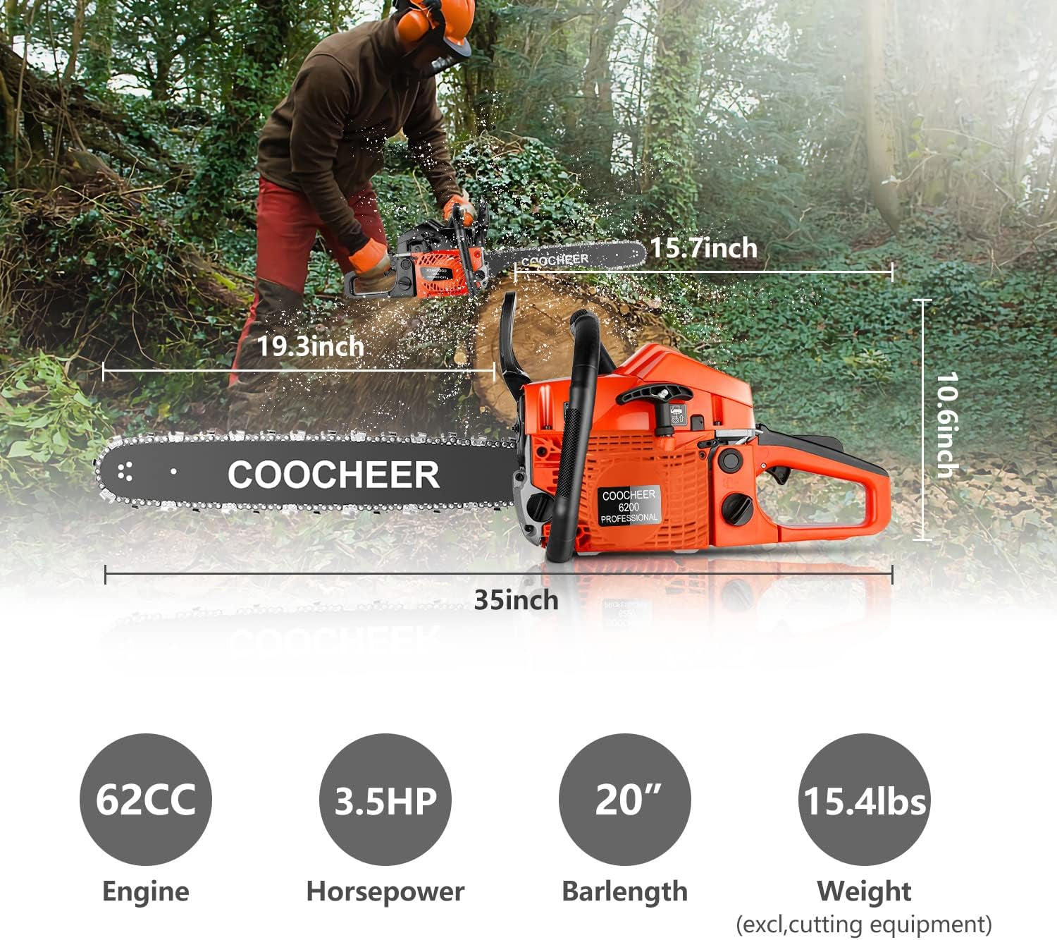 62CC 2-Cycle 3.5HP Gas Powered Chainsaw,20" Bar,Carrying Bag&Tool Kit Included,Handheld Cordless Chainsaw for Cutting Wood&Trees