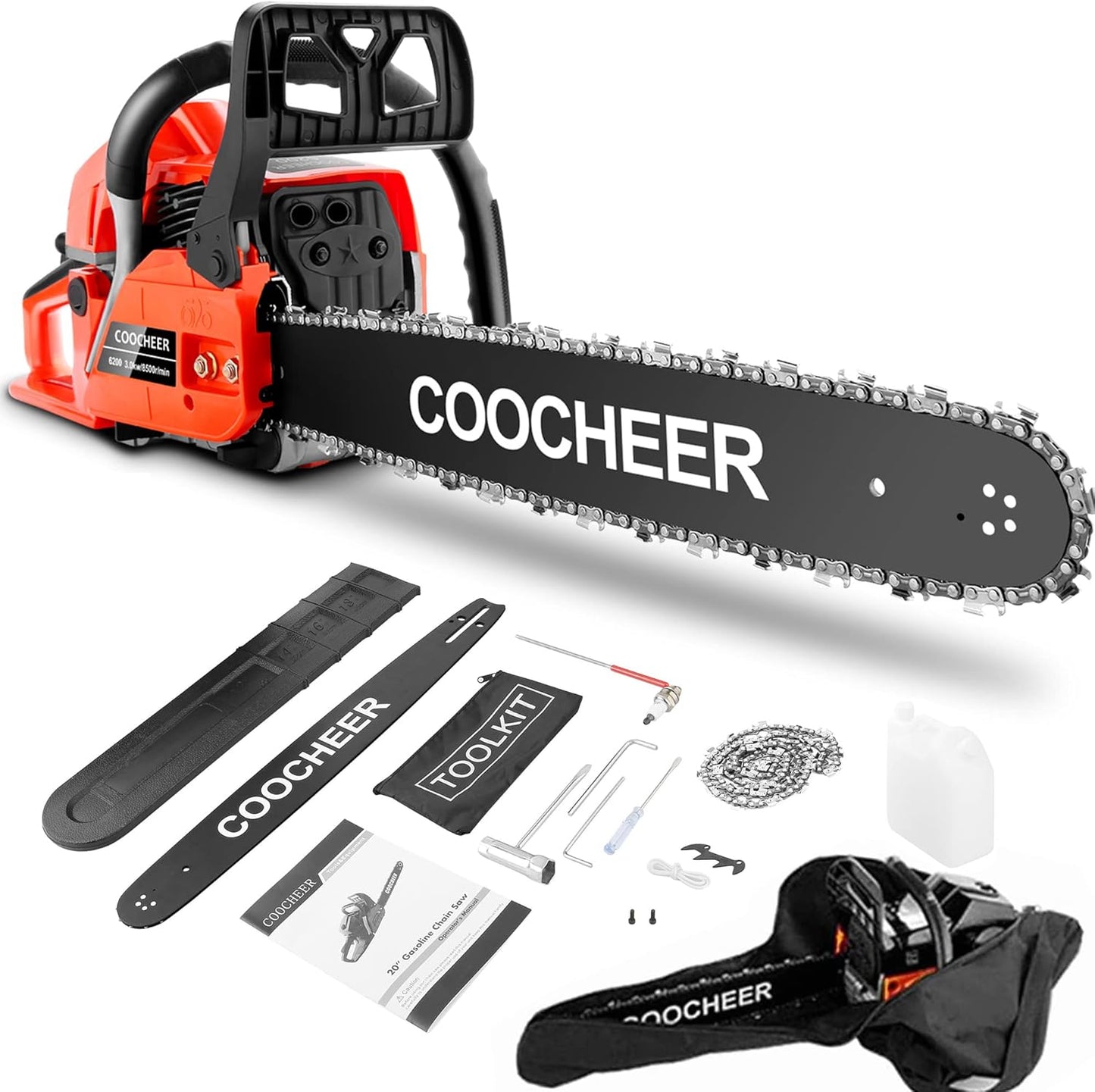 62CC 2-Cycle 3.5HP Gas Powered Chainsaw,20" Bar,Carrying Bag&Tool Kit Included,Handheld Cordless Chainsaw for Cutting Wood&Trees